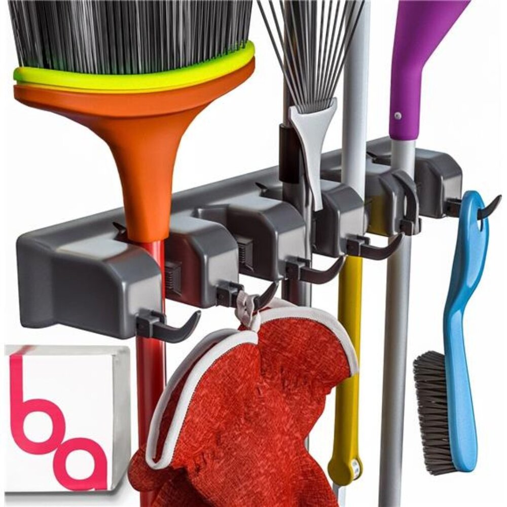 Wall-Mounted Broom Holder - Garden Tool & Utility Organizer with‎ Hooks, 1pack